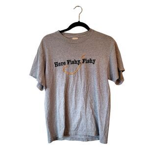 Here Fishy Fishy Men's Grey Embroidered T-Shirt Size M